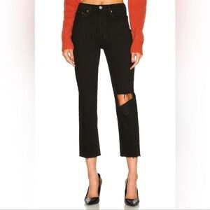 ✅ NWT Re/Done REDONE Woman’s noir Black 70’s stove pipe Distressed jeans size 25
